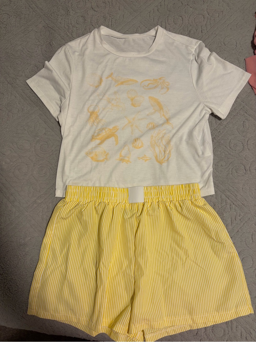 SHEIN White & Yellow Short Sleeve Tee with Yellow Striped Shorts